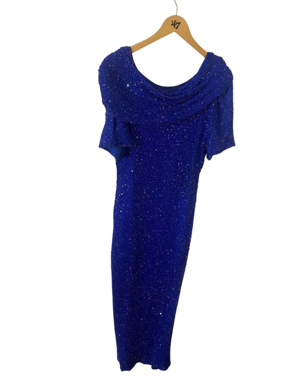 Vintage Lawrence Kazar Women's Blue 100% Silk Beaded Cocktail Maxi Dress - Large